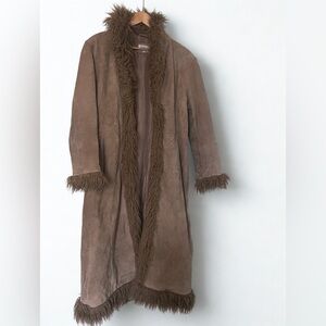 Vintage Chevignon Brown Suede Fur Trim Long Coat Y2K Boho Penny Lane 44